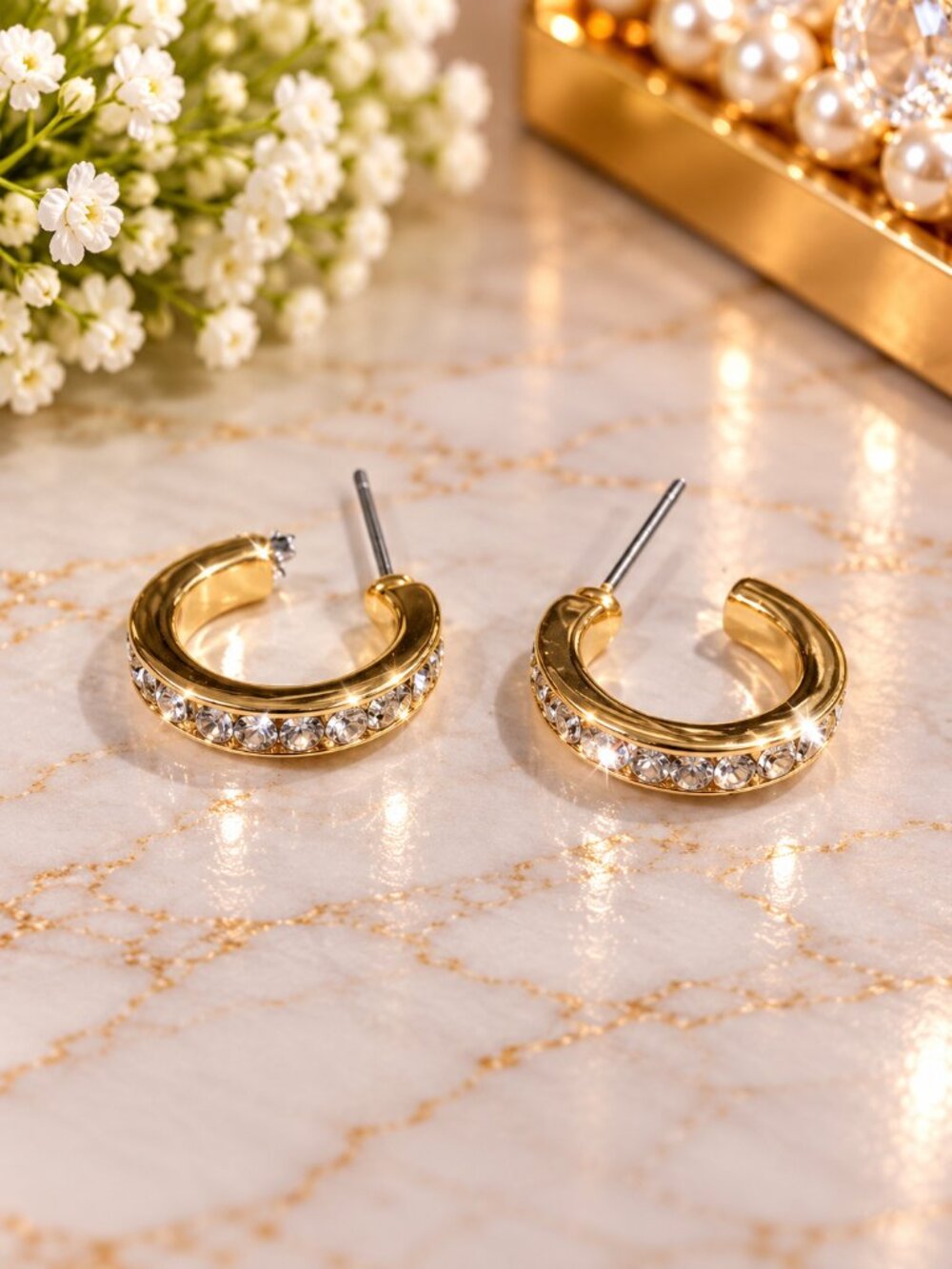 Gold Crystal Pavé Mini C Hoop Earrings Sparkling Rhinestone Half Hoops Jewelry